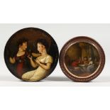 A GEORGIAN CIRCULAR LACQUER BOX AND COVER, interior with figures drinking, 3ins diameter, and