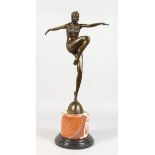 AN ART DECO STYLE BRONZE FIGURE OF A DANCER, on a circular marble base. 22ins high.