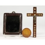 A JERUSALEM CRUCIFIX, PRESSED CIRCULAR BOX AND MIRROR.