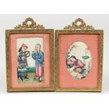 TWO CHINESE SILKWORK PICTURES, one rectangular, the other oval, in ormolu frames. 3.75ins x 2.