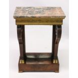 A REGENCY MAHOGANY SMALL PIER/CONSOLE TABLE, with a marble top over an ornate gilded frieze, on a