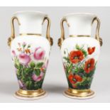 A GOOD PAIR OF BING & GRONDAHL COPENHAGEN TWO-HANDLED VASE, with gilt mask handle and painted with