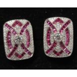 A PAIR OF SILVER FAUX RUBY DECO STYLE EARRINGS.