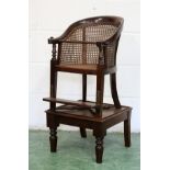 A 19TH CENTURY CHILD'S MAHOGANY HIGH CHAIR, with cane work upholstered chair on a detachable