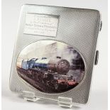 AN ENGINE TURNED SILVER CIGARETTE CASE, with an oval of a train. Birmingham 1950.