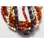 AMBER, CORAL AND AMETHYST NECKLACES.