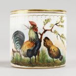 A 19TH CENTURY VIENNA PORCELAIN COFFEE CAN, painted with a cockerel and hen, with elaborate gilding,