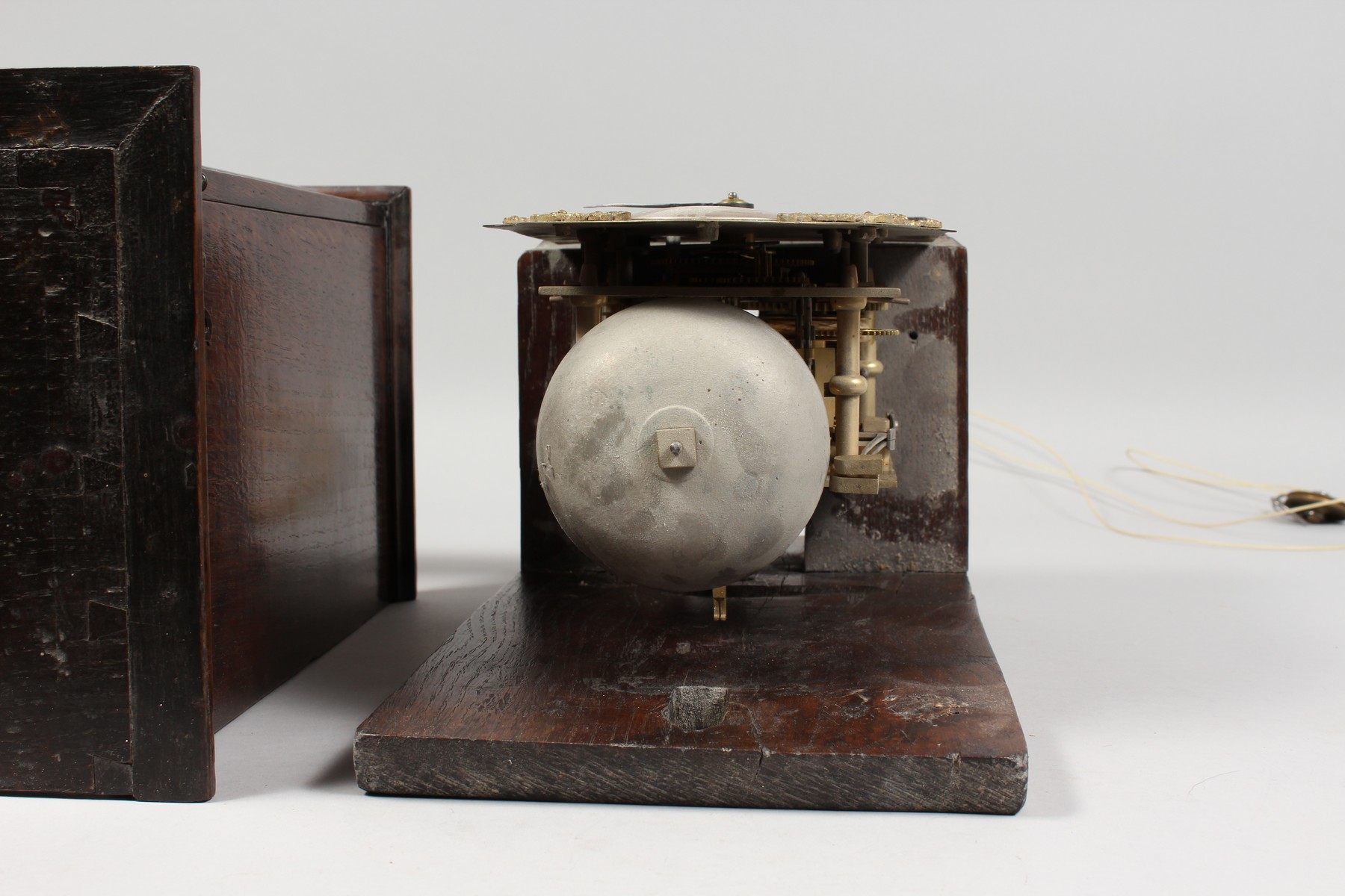 AN 18TH CENTURY OAK CASED HOODED WALL CLOCK, with an arched brass dial, silvered chapter ring, - Image 3 of 9