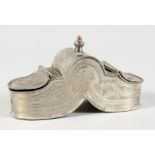 AN IRANIAN SILVER DOUBLE ENDED SPICE BOX with engraved decoration. 5.5ins long.