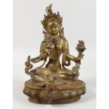 A THAI GILT BRONZE SEATED FEMALE DEITY. 8.5ins high.