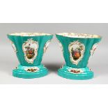 A VERY GOOD PAIR OF EARLY 19TH CENTURY MEISSEN OVAL TAPERING VASES ON STANDS, painted with panels of