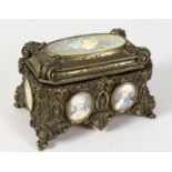A SUPERB FRENCH BRONZE JEWELLERY CASKET, with velvet interior, inset with miniature portraits and