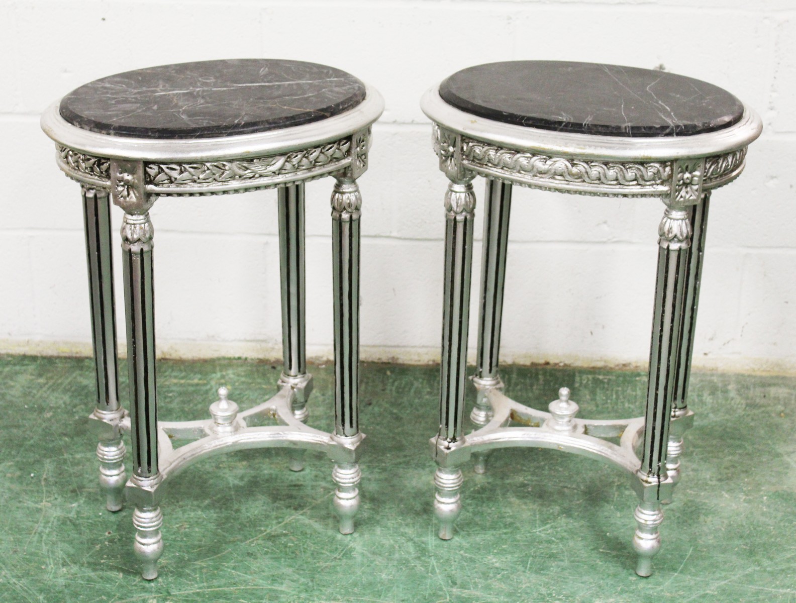 A PAIR OF FRENCH STYLE SILVERED WOOD AND MARBLE TOP OVAL LAMP TABLES. 1ft 8ins wide x 2ft 4ins