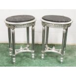 A PAIR OF FRENCH STYLE SILVERED WOOD AND MARBLE TOP OVAL LAMP TABLES. 1ft 8ins wide x 2ft 4ins