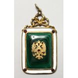 A GOOD MODERN RUSSIAN SILVER, ENAMEL AND MALACHITE PENDANT. 2.5ins high.