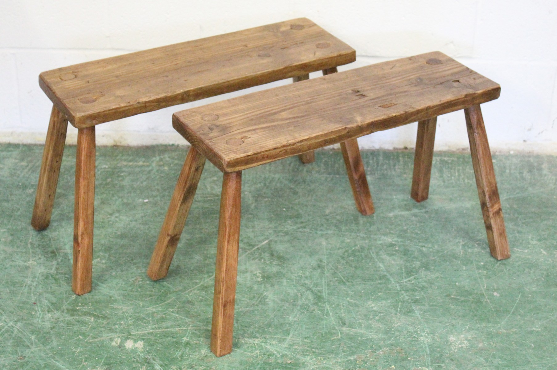 A PAIR OF SMALL PINE BENCH SEATS. Seat: 2ft 2ins long x 9ins wide x 1ft 4ins high.