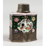 A VERY GOOD SAMSON OF PARIS PORCELAIN CADDY, with Chinese decoration, silver cap and base. 4.5ins
