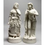 A PAIR OF 19TH CENTURY PARIAN FEMALE FIGURES, holding a fan and a young man. 14ins high.