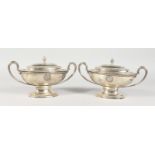 A GOOD PAIR OF GEORGE III ADAM DESIGN TWO-HANDLED OVAL TUREENS AND COVERS, beaded edge and reeded