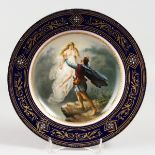 A GOOD 19TH CENTURY VIENNA PLATE, rich blue and gilt border, classical scenes. Inscribed on reverse.