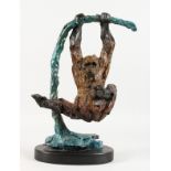 AN UNUSUAL PAINTED BRONZE FIGURE OF AN ORANGUTAN SWINGING ON A BRANCH, on a marble base. 18ins