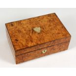 A LADIES 19TH CENTURY BURR SEWING BOX, with a good fitted interior, scissors, knife, thimble, etc.