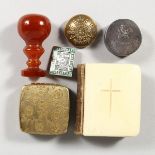 A MIXED LOT OF ITEMS, to include a prayer book. agate seal, etc.