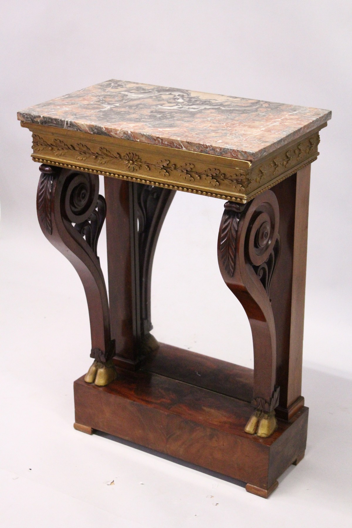 A REGENCY MAHOGANY SMALL PIER/CONSOLE TABLE, with a marble top over an ornate gilded frieze, on a - Image 2 of 6