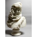 F. BRUSAGLINO, MILANO A GOOD CARVED WHITE MARBLE BUST OF A YOUNG LADY wearing a fur cape and hat, on