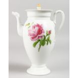 A GOOD MEISSEN COFFEE POT AND COVER painted with pansies and roses. Cross swords mark in blue.