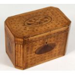 A GOOD GEORGE III INLAID TEA CADDY, converted to a jewellery box with red velvet interior. 7.5ins