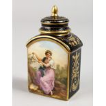 A GOOD VIENNA BLUE & GILT CADDY AND COVER with a panel of classical figures. Beehive mark in blue.