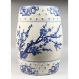 A CHINESE BLUE AND WHITE POTTERY BARREL SEAT. 18ins high.