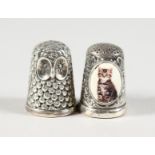 TWO CAST SILVER NOVELTY THIMBLES, OWL AND CAT.