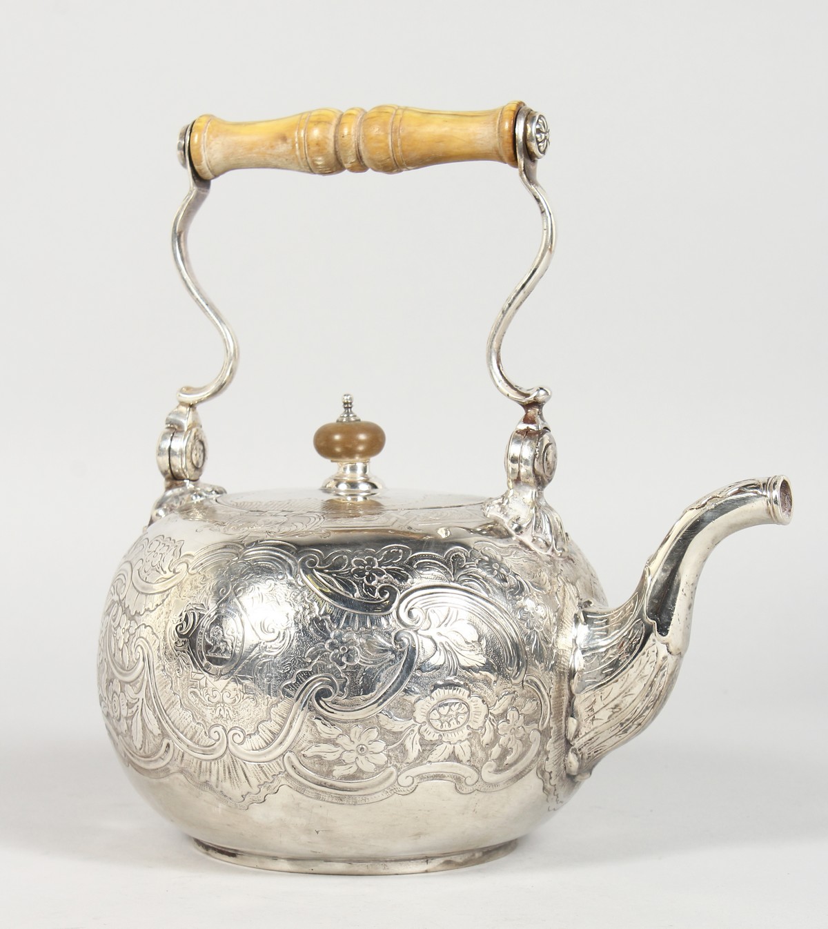 A GEORGE II TEA KETTLE with ivory handle. London 1730. Maker: Gabriel Sleath.