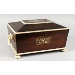 A SUPERB 19TH CENTURY ROSEWOOD AND IVORY BANDED SEWING BOX, with leather interior supported on ivory