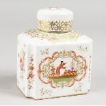 A FRENCH PORCELAIN CADDY AND COVER with Chinese decoration. 4ins high.