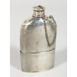 A WILLIAM IV ENGINE TURNED HIP FLASK, with crest, stopper and chain. London 1836. Maker: Jacob