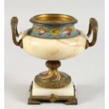 A BRONZE, ONYX AND CHAMPLEVE ENAMEL TWIN-HANDLED PEDESTAL URN. 6ins high.