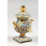A MODERN RUSSIAN SILVER AND CHAMPLEVE ENAMEL MINIATURE SAMOVAR. 4ins high.