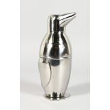 A SILVER PLATE PENGUIN COCKTAIL SHAKER.