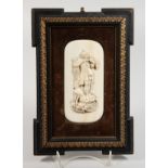 A GOOD 19TH CENTURY DIEPPE IVORY CARVED PLAQUE, a man with a hawk and a dog. 5.5ins x 2.5ins, on a