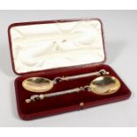 A PAIR OF SILVER GILT CASED APOSTLE SPOONS.