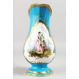 A GOOD SEVRES BLUE GROUND JUG, painted with panels of flowers and figures. 9ins high.