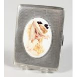 AN ENGINE TURNED SILVER CIGARETTE CASE, with an oval of a glamour model. Birmingham 1945.