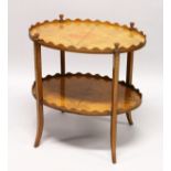 A GOOD SHERATON REVIVAL SATINWOOD AND MARQUETRY TWO TIER OVAL ETAGERE, the galleried top and