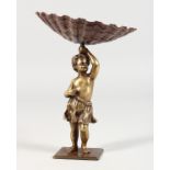 A 19TH CENTURY BRONZE PUTTI, holding a shell. 6.5ins high.