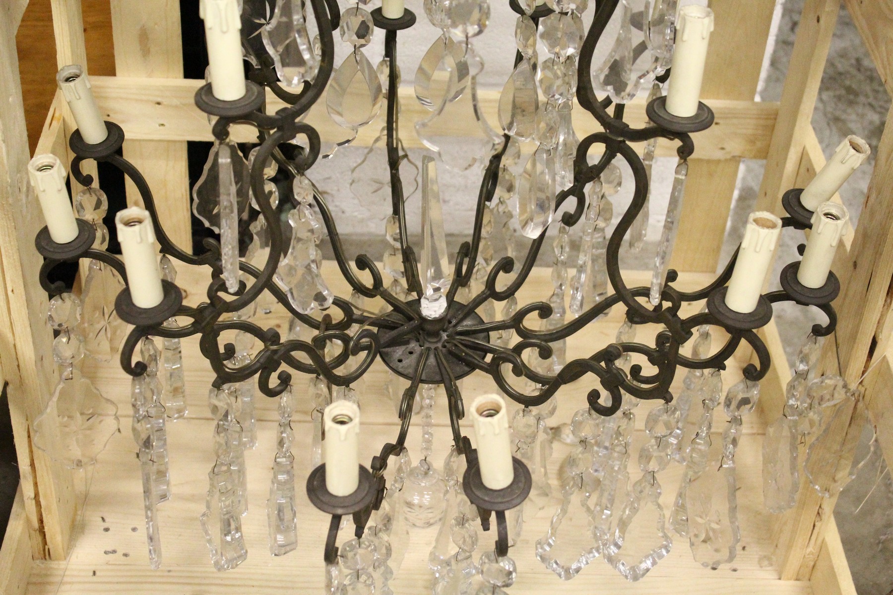 A GOOD CHANDELIER, with twelve bronzed scrolling branches hung with large cut glass drops. 3ft - Image 2 of 4