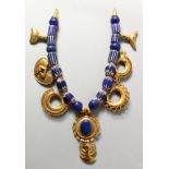 A VERY GOOD SET OF SILVER GILT AND BLUE ROMAN BEADS.