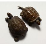 TWO SMALL JAPANESE BRONZE TURTLES. 2ins long.